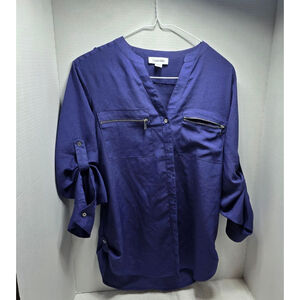 Women's Calvin Klein Blue Roll-Tab Sleeve Blouse S